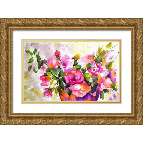 Potted Roses Gold Ornate Wood Framed Art Print with Double Matting by Bolokofsky, Ronald