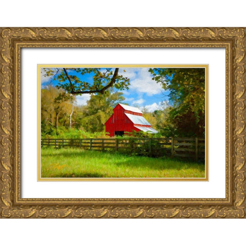 Red Barn Gold Ornate Wood Framed Art Print with Double Matting by Bolokofsky, Ronald