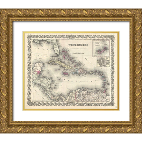 1855 Colton Map of the West Indies Gold Ornate Wood Framed Art Print with Double Matting by Colton