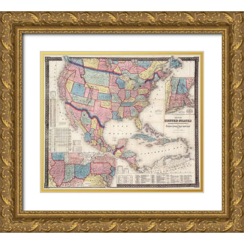 1861 Map of US and North America Gold Ornate Wood Framed Art Print with Double Matting by Goldthwait