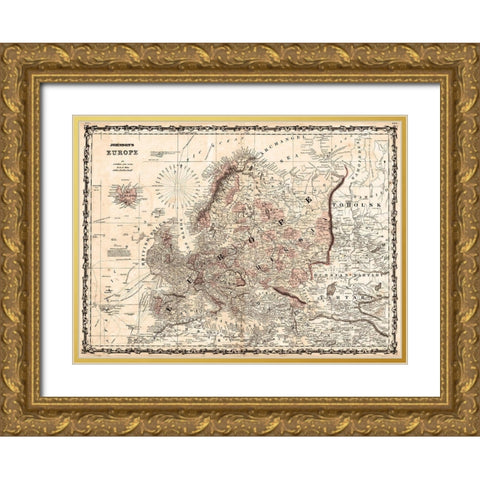 1862 Johnson Vintage Map of Europe Gold Ornate Wood Framed Art Print with Double Matting by Johnson