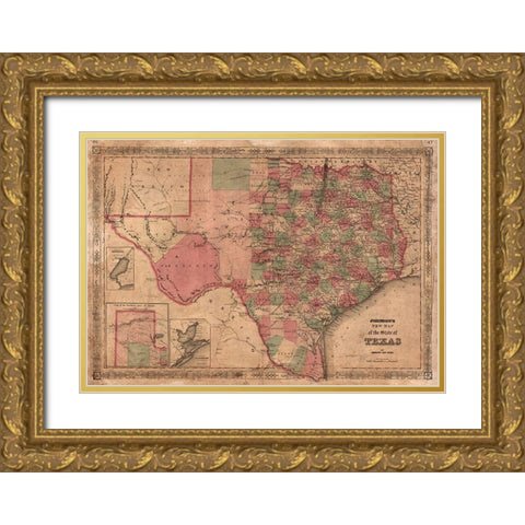 1866 Johnson Map of Texas  Gold Ornate Wood Framed Art Print with Double Matting by Johnson