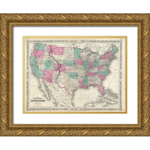 1866 Johnson Map of the United States Gold Ornate Wood Framed Art Print with Double Matting by Johnson