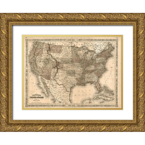 1866 Johnson Map of the United States Antiqued Gold Ornate Wood Framed Art Print with Double Matting by Johnson
