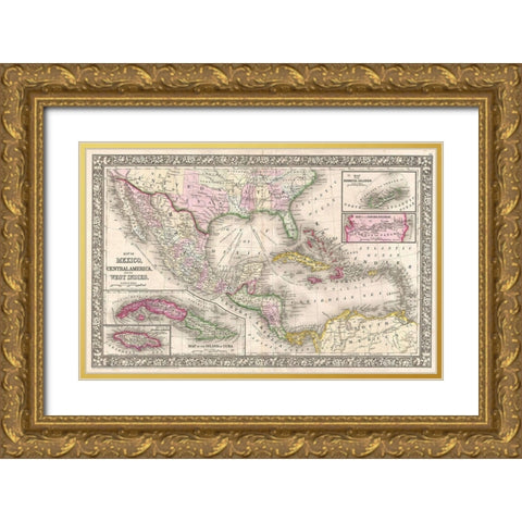 1866 Mitchell Map of Mexico and the West Indies Gold Ornate Wood Framed Art Print with Double Matting by Mitchell