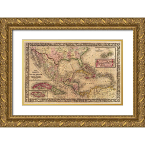 1866 Mitchell Map of Mexico and the West Indies Antiqued Gold Ornate Wood Framed Art Print with Double Matting by Mitchell