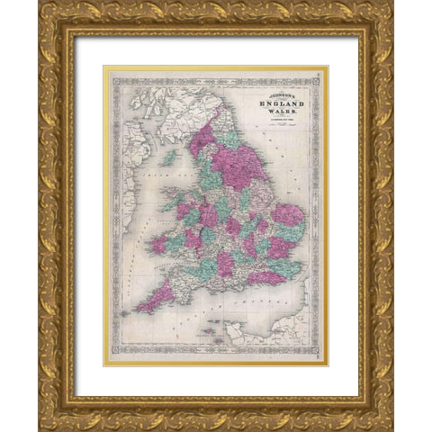 1867 Johnson Map of England and Wales Gold Ornate Wood Framed Art Print with Double Matting by Johnson