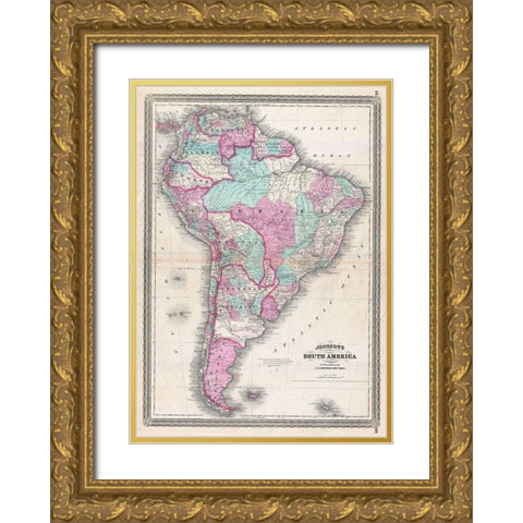 1870_Johnson_Map_of_South_America_ Gold Ornate Wood Framed Art Print with Double Matting by Johnson