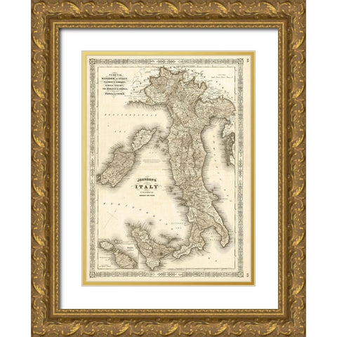 1866 Johnson Map of Italy Antiqued Gold Ornate Wood Framed Art Print with Double Matting by Johnson