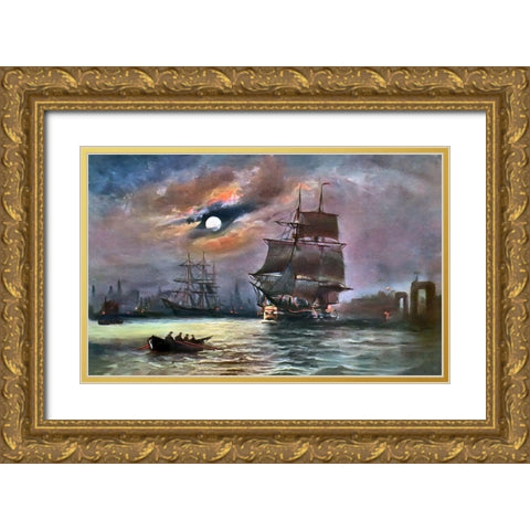 Harbor Moon Gold Ornate Wood Framed Art Print with Double Matting by Bolokofsky, Ronald