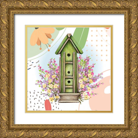 Green Birdhouse Gold Ornate Wood Framed Art Print with Double Matting by Bolokofsky, Ronald