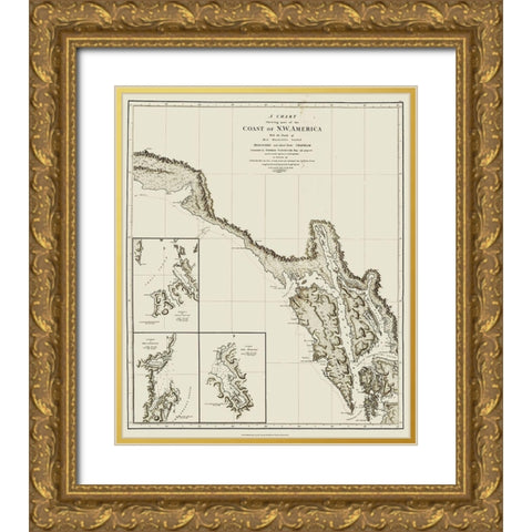 Alaska Southern Portion - Vancouver 1798 Gold Ornate Wood Framed Art Print with Double Matting by Vancouver
