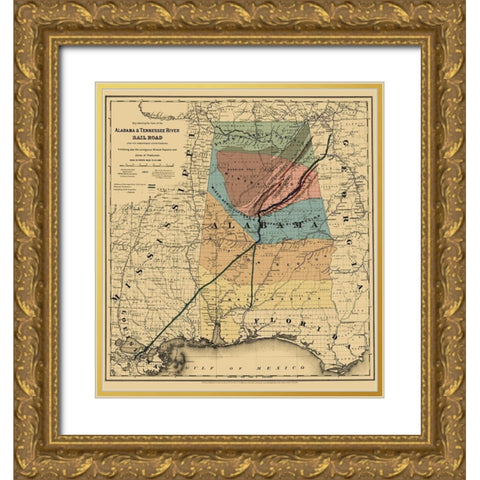 Alabama and Tennessee River Railroad - Colton 1865 Gold Ornate Wood Framed Art Print with Double Matting by Colton