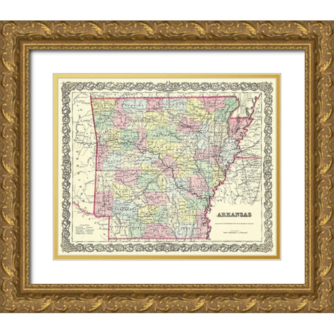 Arkansas - Colton 1855 Gold Ornate Wood Framed Art Print with Double Matting by Colton