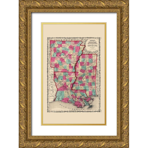 Arkansas, Mississippi, Louisiana - Johnson 1860 Gold Ornate Wood Framed Art Print with Double Matting by Johnson