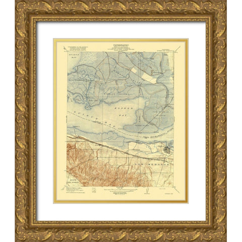 Honker Bay California Quad - USGS 1918 Gold Ornate Wood Framed Art Print with Double Matting by USGS