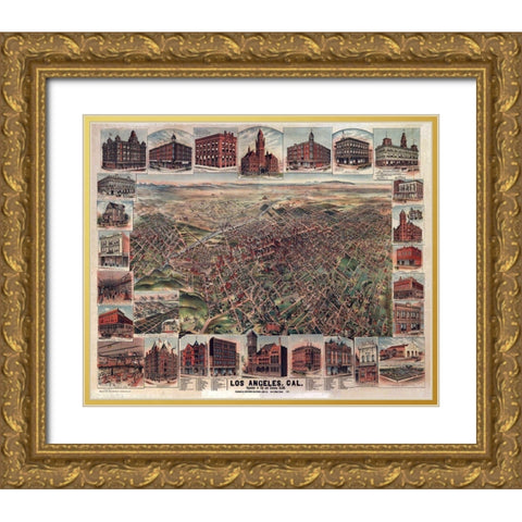 Los Angeles California - 1891 Gold Ornate Wood Framed Art Print with Double Matting by Unknown