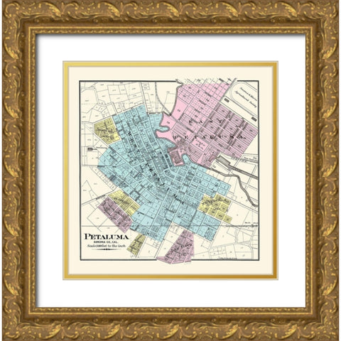 Petaluma California - Thompson 1877 Gold Ornate Wood Framed Art Print with Double Matting by Thompson