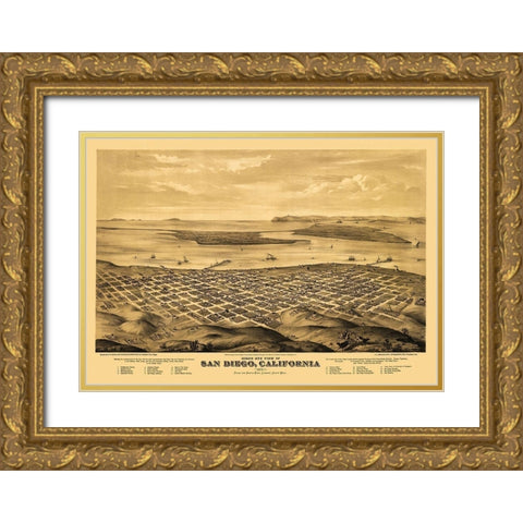 San Diego California - Bancroft 1876 Gold Ornate Wood Framed Art Print with Double Matting by Bancroft