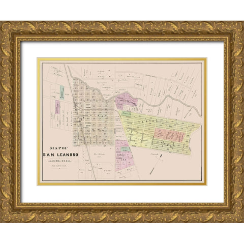 San Leandro California Plan - Thompson 1878 Gold Ornate Wood Framed Art Print with Double Matting by Thompson