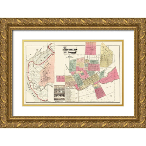 Santa Rosa California Plan - Marr 1876 Gold Ornate Wood Framed Art Print with Double Matting by Marr