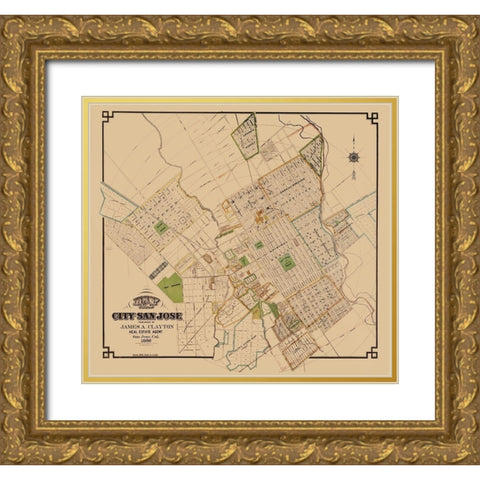 San Jose California - Clayton 1886  Gold Ornate Wood Framed Art Print with Double Matting by Clayton
