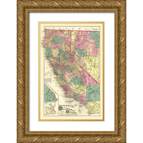 California, Nevada - Thompson 1877 Gold Ornate Wood Framed Art Print with Double Matting by Thompson