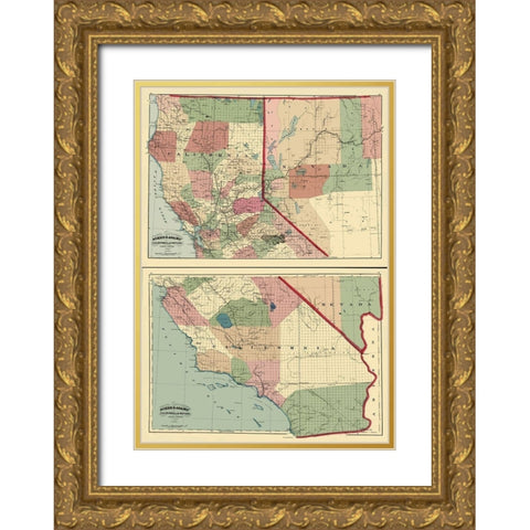 California, Nevada - Asher 1874 Gold Ornate Wood Framed Art Print with Double Matting by Asher
