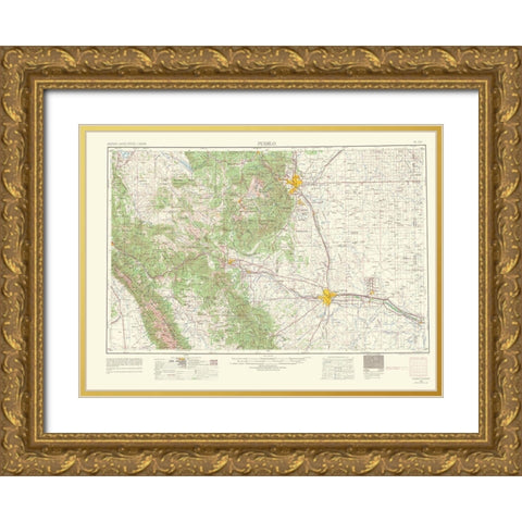 Pueblo Colorado Quad - USGS 1966 Gold Ornate Wood Framed Art Print with Double Matting by USGS