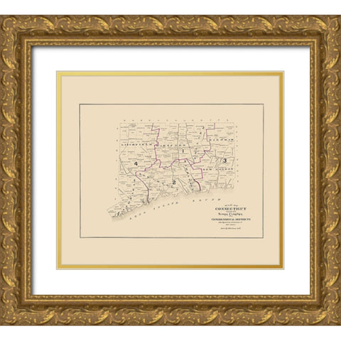 Connecticut - Hurd 1893 Gold Ornate Wood Framed Art Print with Double Matting by Hurd