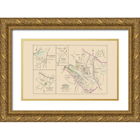 Derby City, Shelton Connecticut - Hurd 1893 Gold Ornate Wood Framed Art Print with Double Matting by Hurd