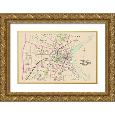 Hartford Connecticut Central Part - Hurd 1893 Gold Ornate Wood Framed Art Print with Double Matting by Hurd
