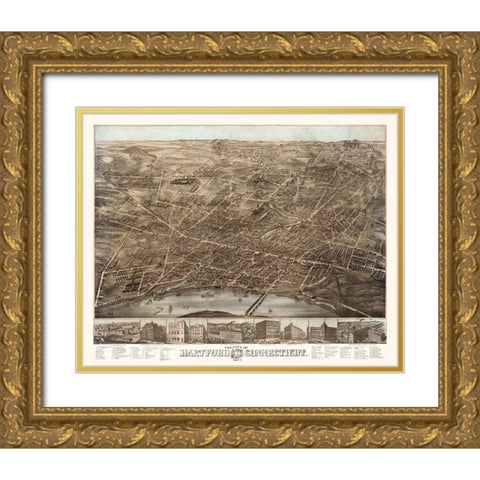 Hartford Connecticut - Bailey 1877  Gold Ornate Wood Framed Art Print with Double Matting by Bailey