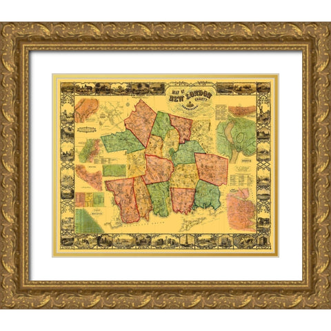 New London Connecticut Landowner - Baker 1854 Gold Ornate Wood Framed Art Print with Double Matting by Baker