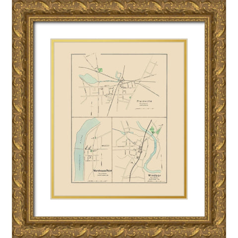 Plainville, Warehouse Point, Windsor Connecticut Gold Ornate Wood Framed Art Print with Double Matting by Hurd