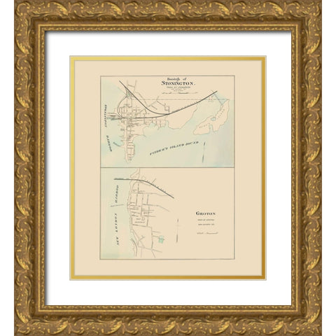 Stonington, Groton Connecticut - Hurd 1893 Gold Ornate Wood Framed Art Print with Double Matting by Hurd