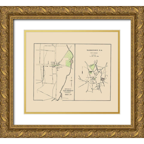 Watertown, Litchfield Connecticut - Hurd 1893 Gold Ornate Wood Framed Art Print with Double Matting by Hurd