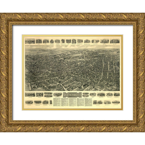 Waterbury Connecticut - Bailey 1917  Gold Ornate Wood Framed Art Print with Double Matting by Bailey