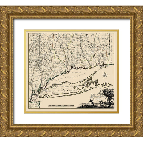 Connecticut, Long Island New York - Covens 1780 Gold Ornate Wood Framed Art Print with Double Matting by Covens