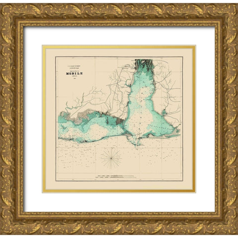 Approaches to Mobile Alabama - Bache 1864 Gold Ornate Wood Framed Art Print with Double Matting by Bache