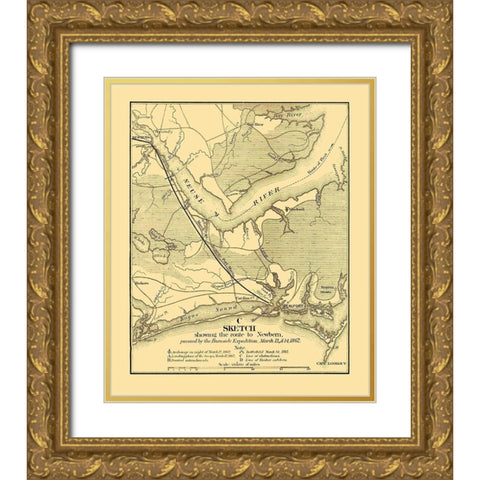 Burnside Expedition Route Newbern North Carolina Gold Ornate Wood Framed Art Print with Double Matting by Foster