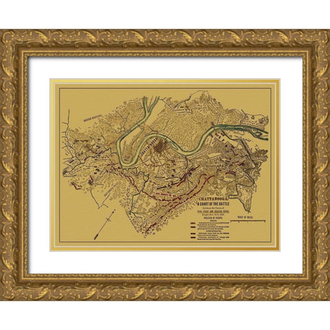 Chattanooga Chart of Battle Tennessee - Sneden Gold Ornate Wood Framed Art Print with Double Matting by Sneden