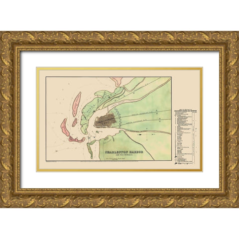 Charleston Harbor with City Defences - Usser  1864 Gold Ornate Wood Framed Art Print with Double Matting by Usser