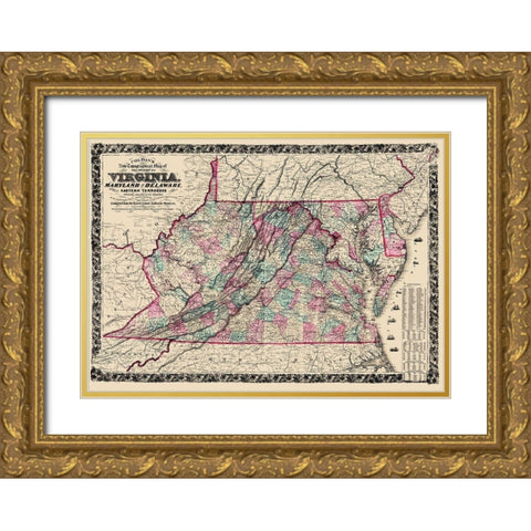 Virginia, Maryland ,Delaware - Colton  1862 Gold Ornate Wood Framed Art Print with Double Matting by Colton