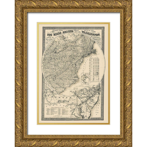 500 Miles Around the City of Washington Gold Ornate Wood Framed Art Print with Double Matting by Colton