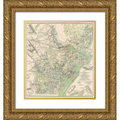 Savannah Georgia and Vicinity - Sherman 1864 Gold Ornate Wood Framed Art Print with Double Matting by Sherman