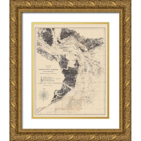 Charleston Harbor South Carolina - Bache 1863 Gold Ornate Wood Framed Art Print with Double Matting by Bache