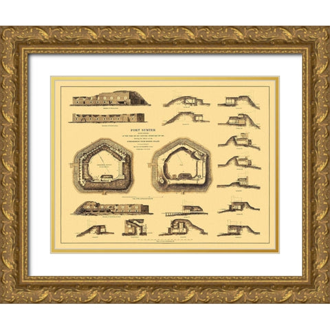 Fort Sumter at Time of Capture - Bien 1865 Gold Ornate Wood Framed Art Print with Double Matting by Bien