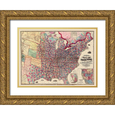 US Canada Showing Battlefields Railroads Gold Ornate Wood Framed Art Print with Double Matting by Lloyd