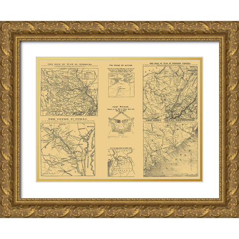 Seat of War Group 4 Views - Hall 1861 Gold Ornate Wood Framed Art Print with Double Matting by Hall